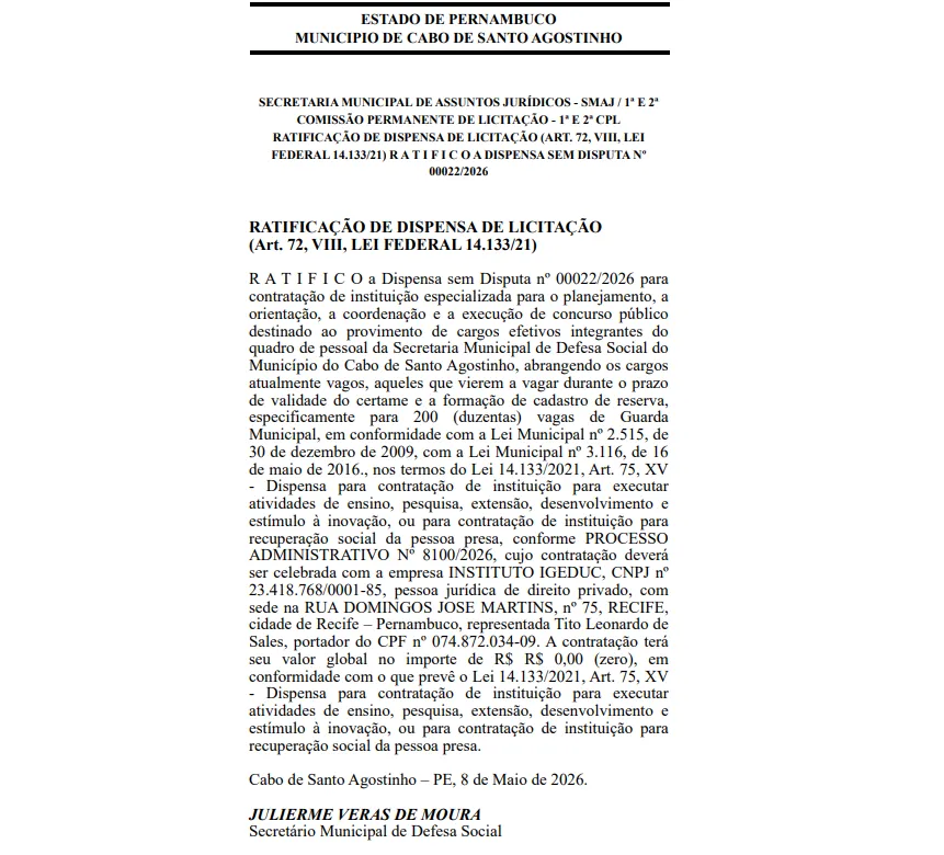 Concurso GCM Cabo de Santo Agostinho (PE): edital com 200